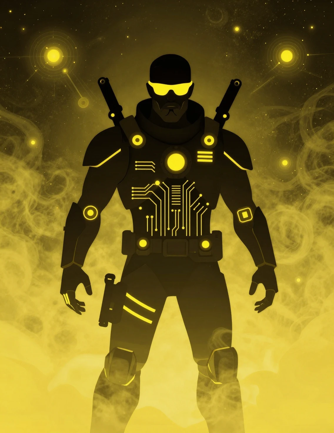 Homem de ficção científica futurista com garras de néon e pistolas
