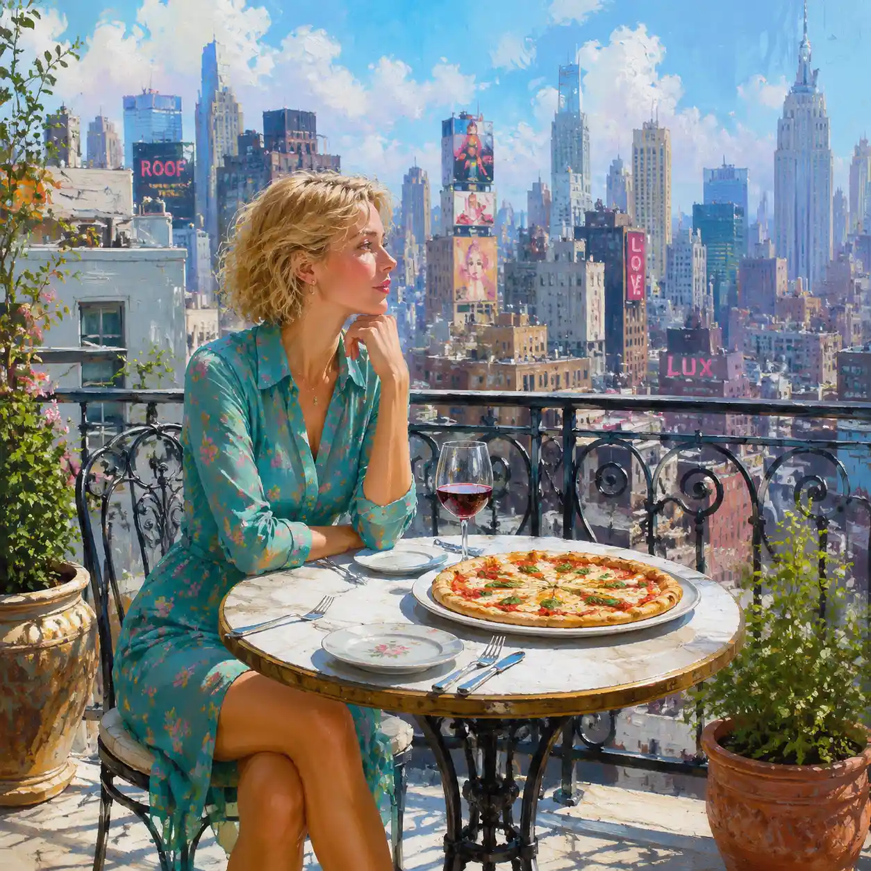 Blonde woman dining alone on sunny rooftop terrace