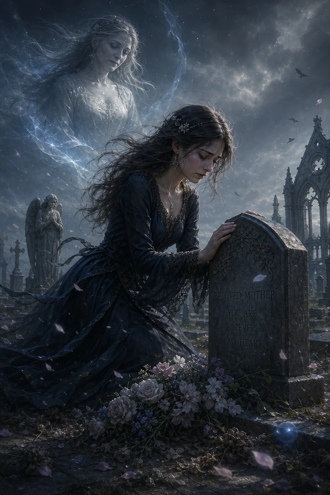 Jeune femme en deuil devant une tombe dans un cimetière paisible