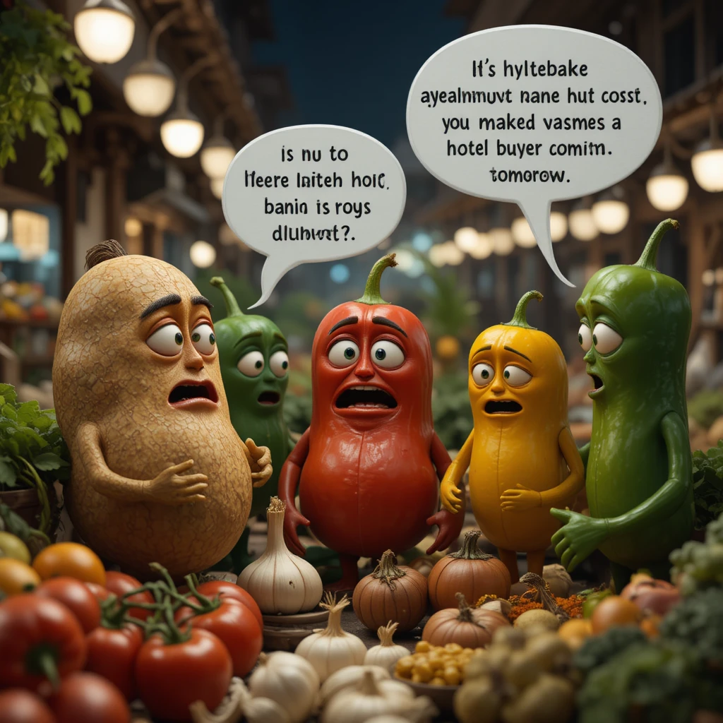 Verdure parlanti in un mercato notturno cinematografico