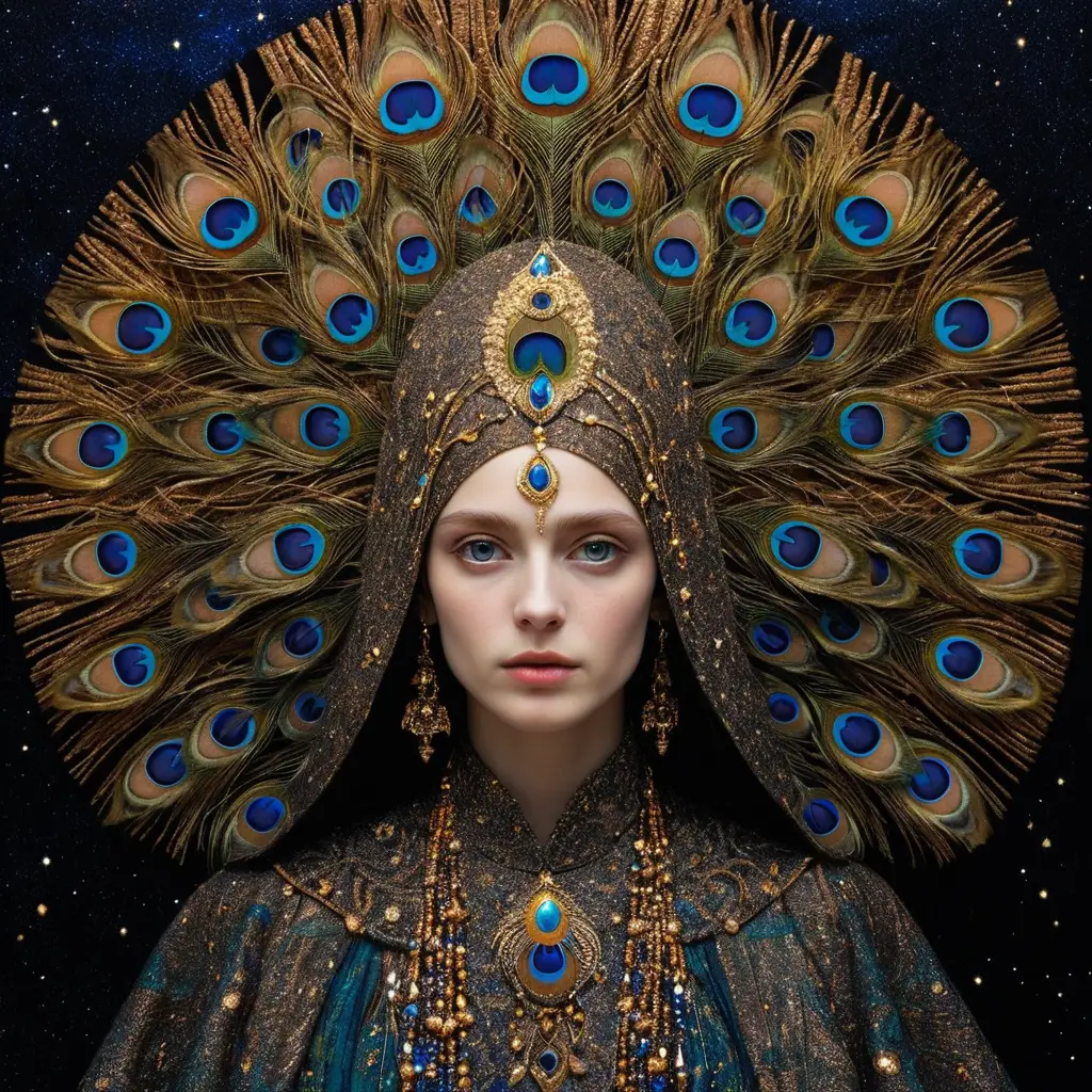 Woman portrait dissolving into celestial and ornamental patterns