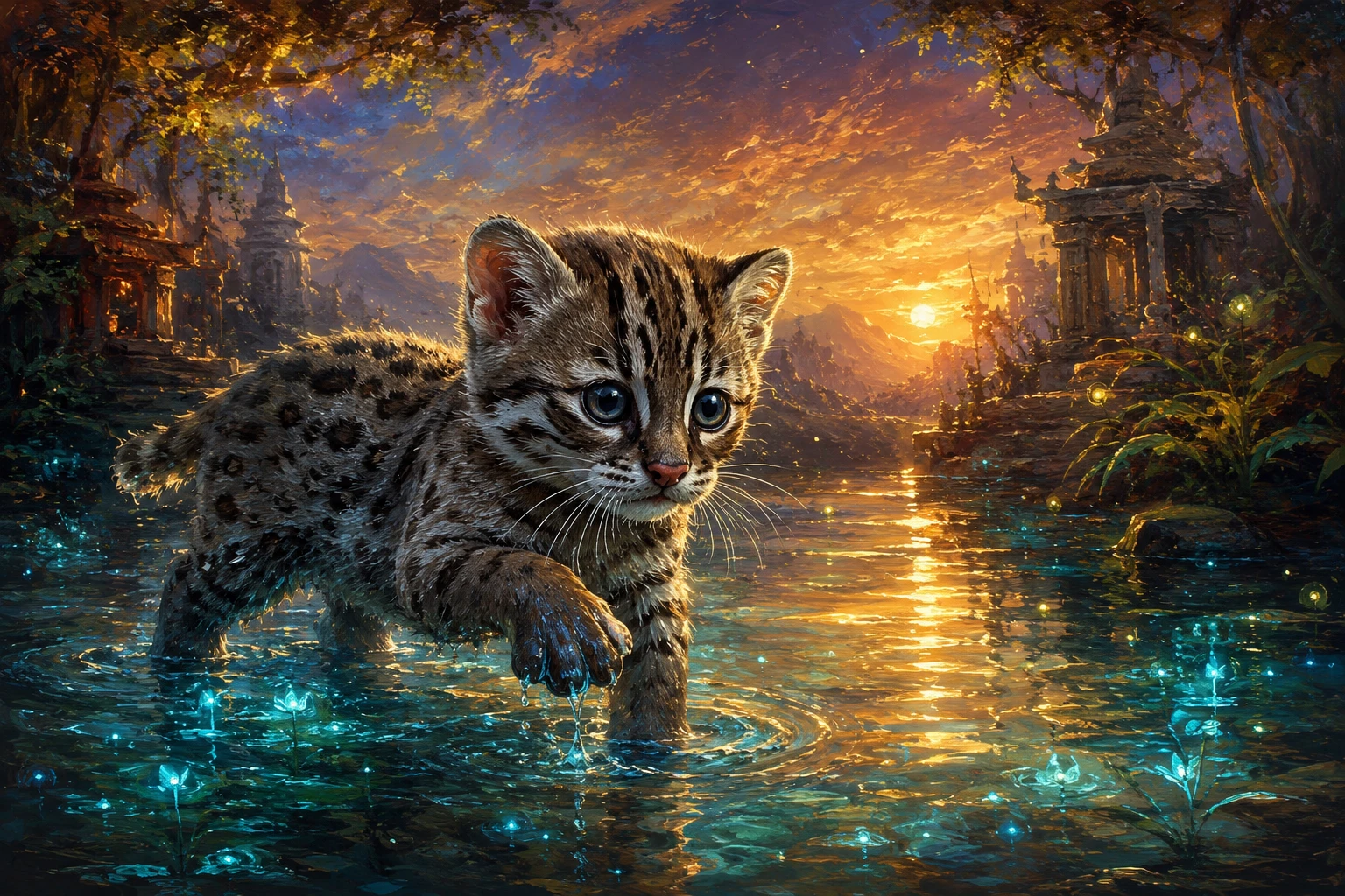 Filhote fofo de gato-pescador em água rasa brilhante
