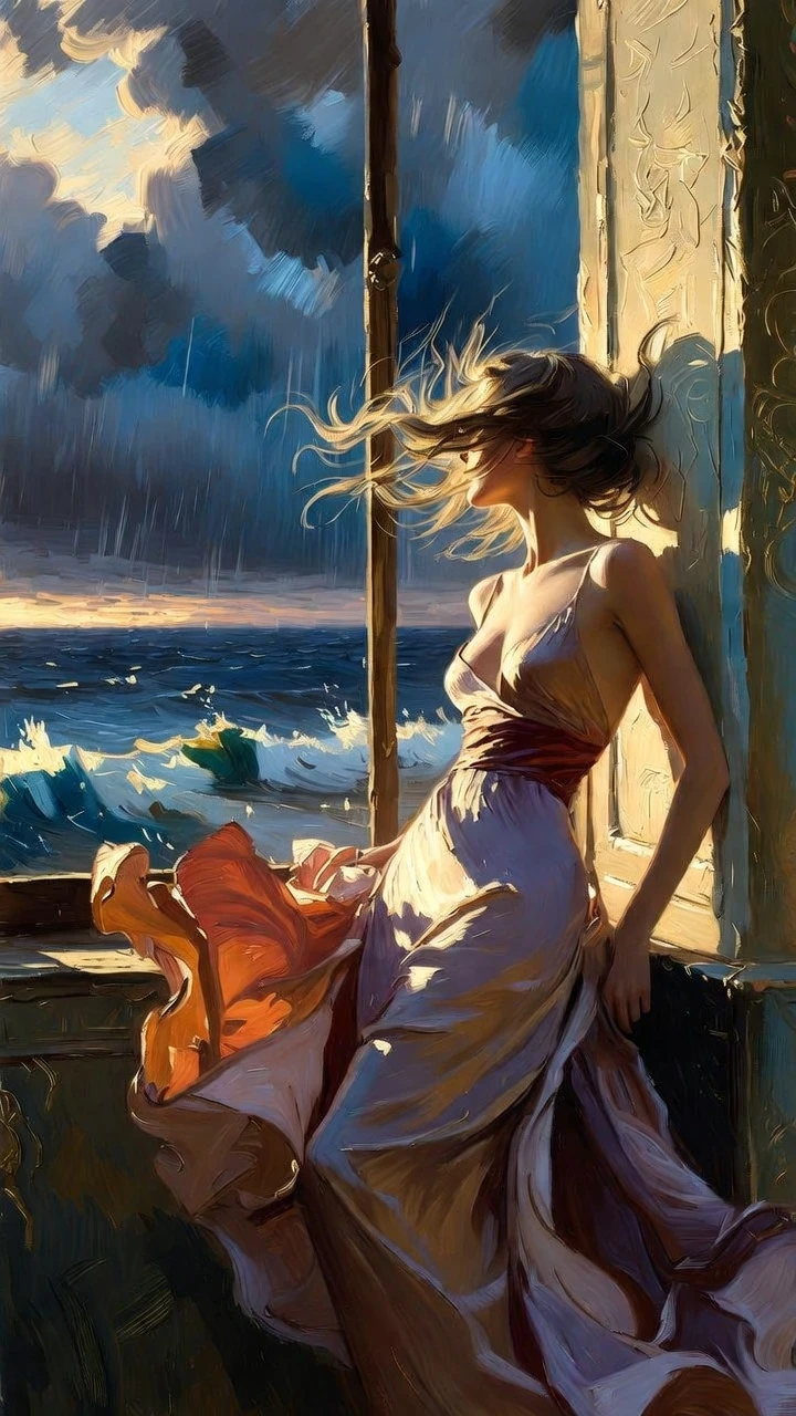 Femme élégante en robe de soie près d’une fenêtre sur une mer orageuse