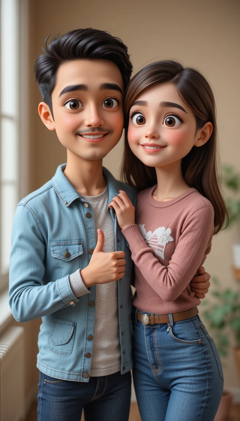 Donna che posa con il suo divertente doppio cartoon 3D