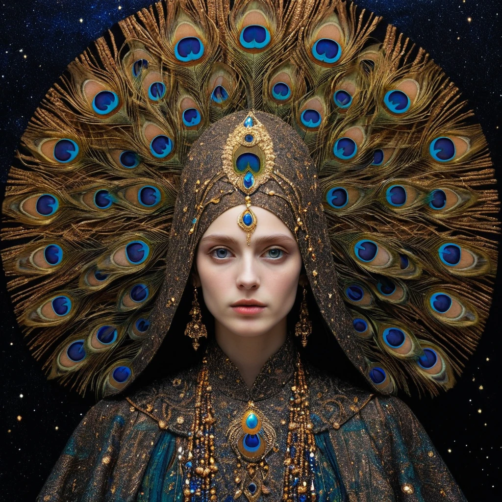 Ritratto di donna che si dissolve in motivi celestiali e ornamentali