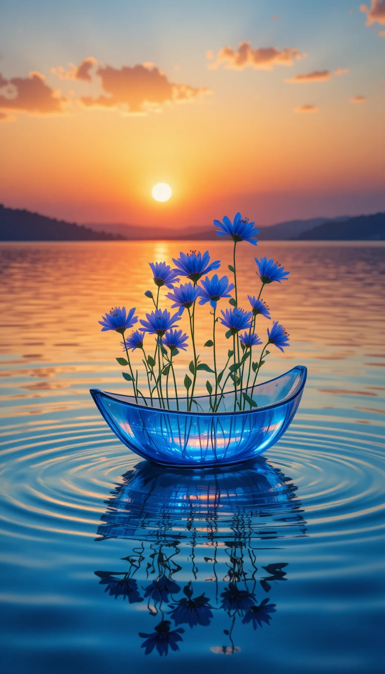 Barco de vidro com flores azuis em um lago calmo e espelhado
