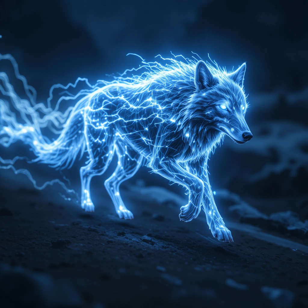 Lobo correndo com trilha fantasma de luz azul elétrica