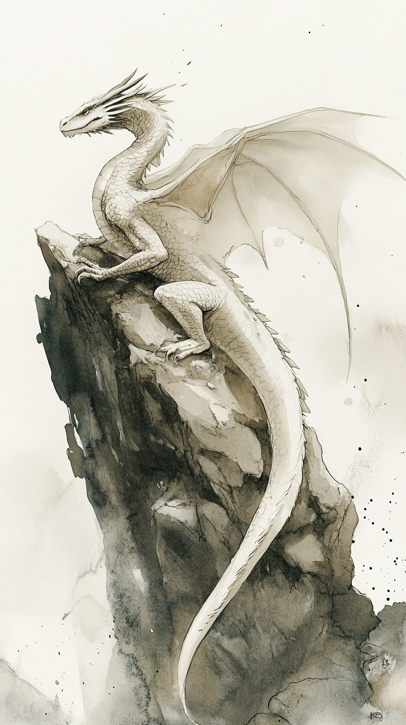 Eleganter Drache auf felsiger Klippe in Aquarell-Tusche-Illustration