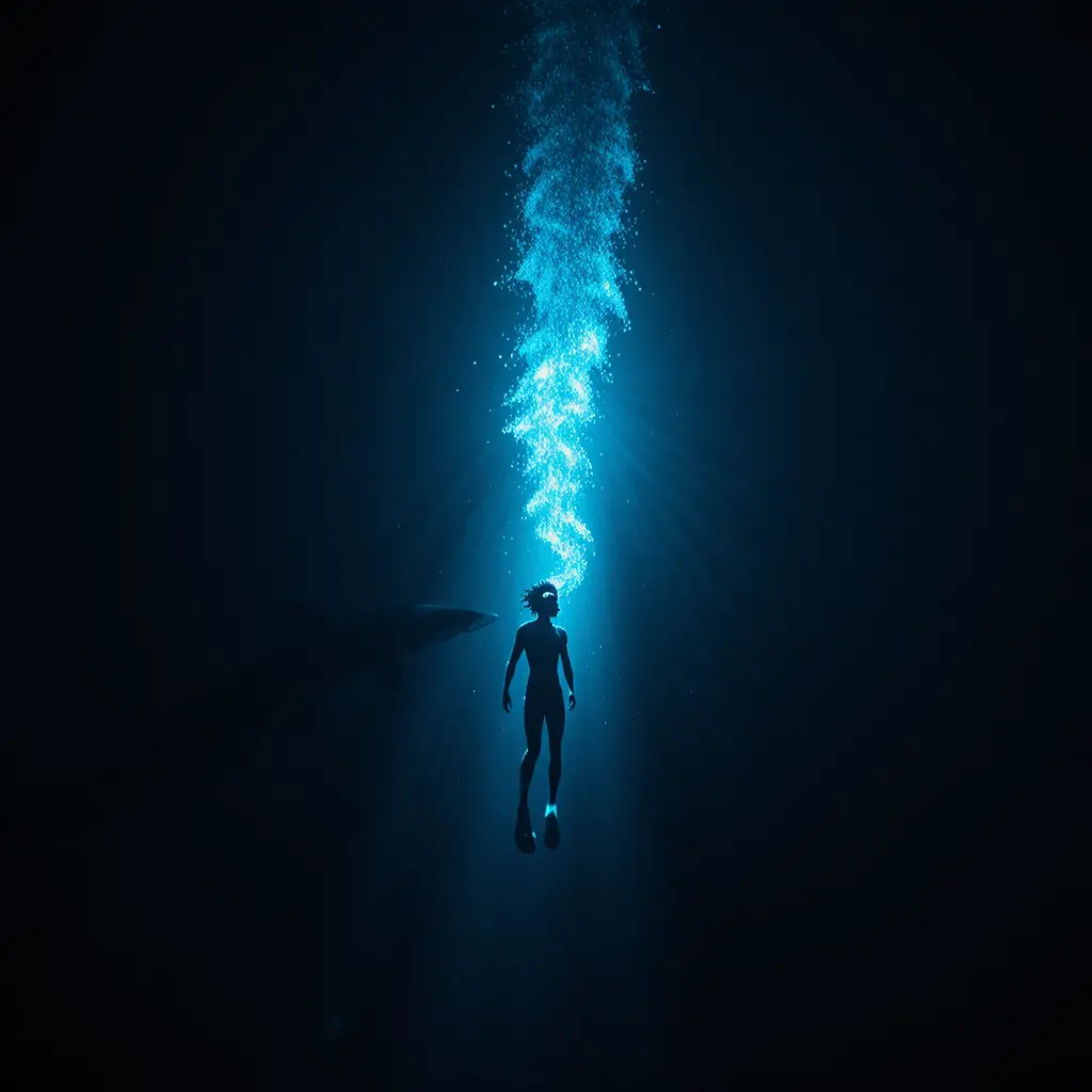 Apneista in discesa con scia luminosa nel profondo oceano blu