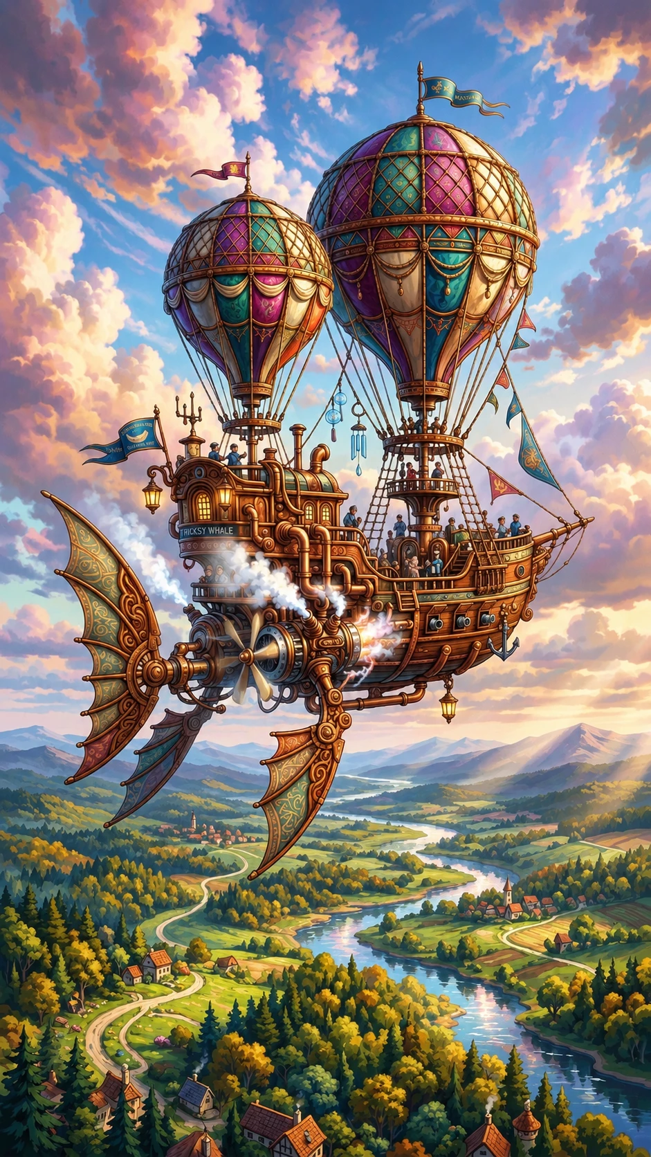 Dirigível steampunk fantasioso sobre paisagem ondulada de sonho