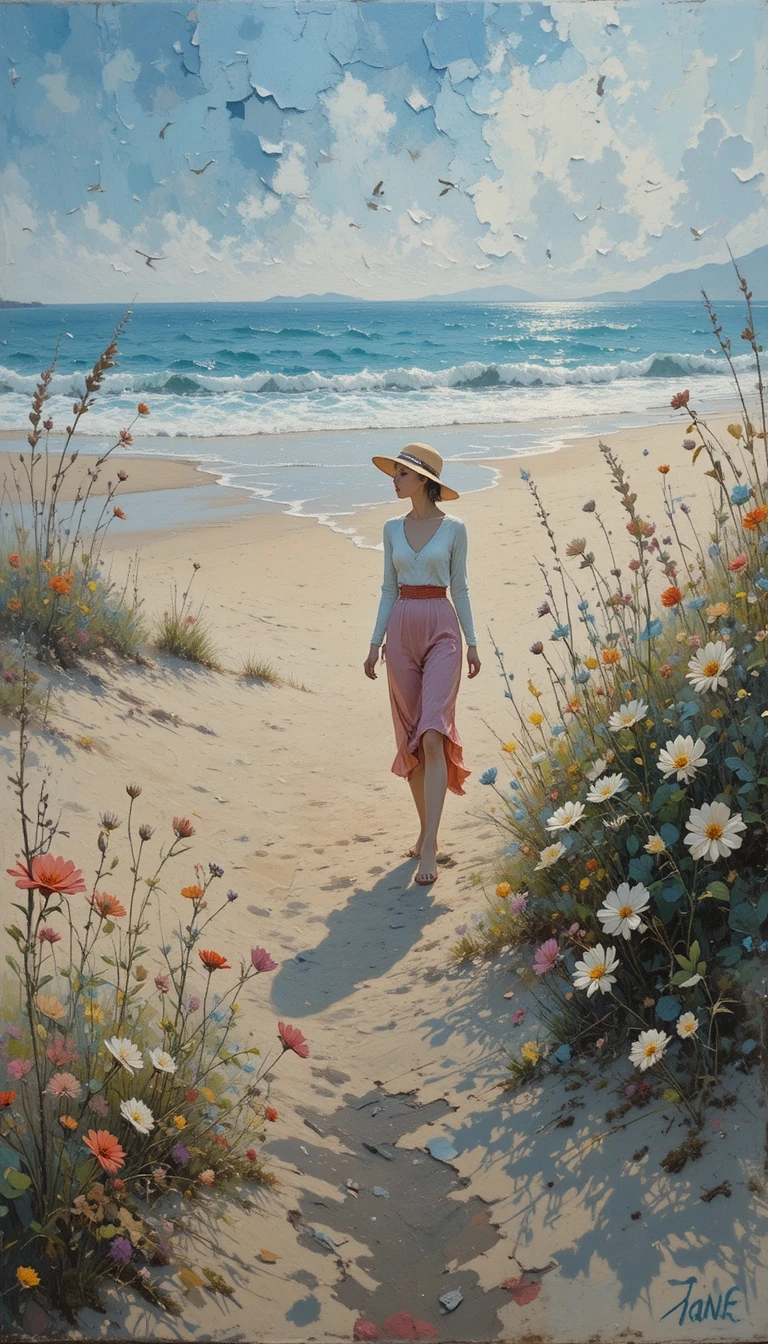 Donna astratta che cammina in un paesaggio etereo sulla spiaggia