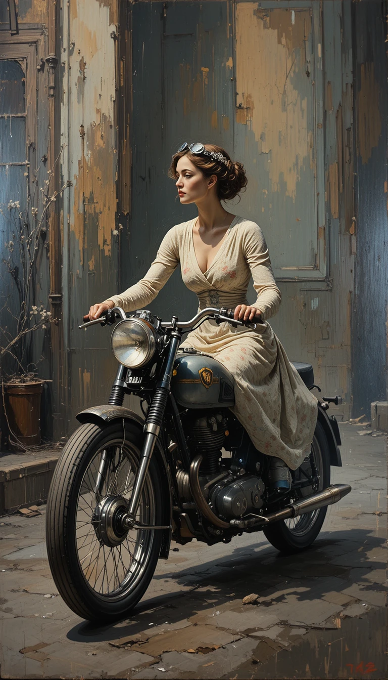 Mulher vintage pilotando uma motocicleta dos anos 1920 em movimento dinâmico