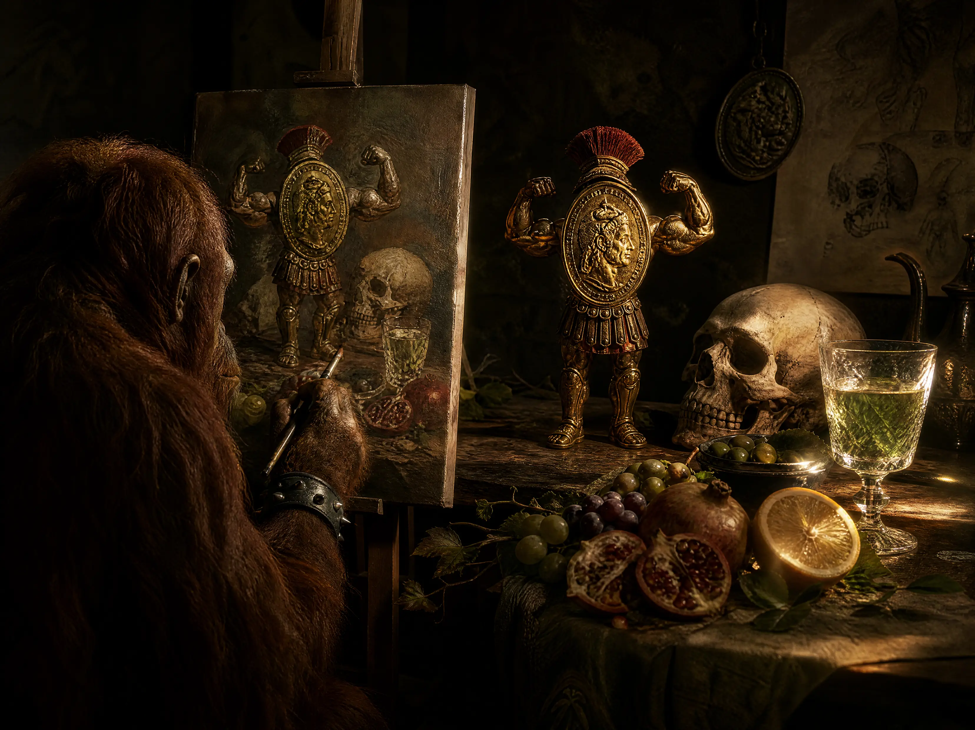 Orang-Utan malt an einer Staffelei im dramatisch warmen Licht