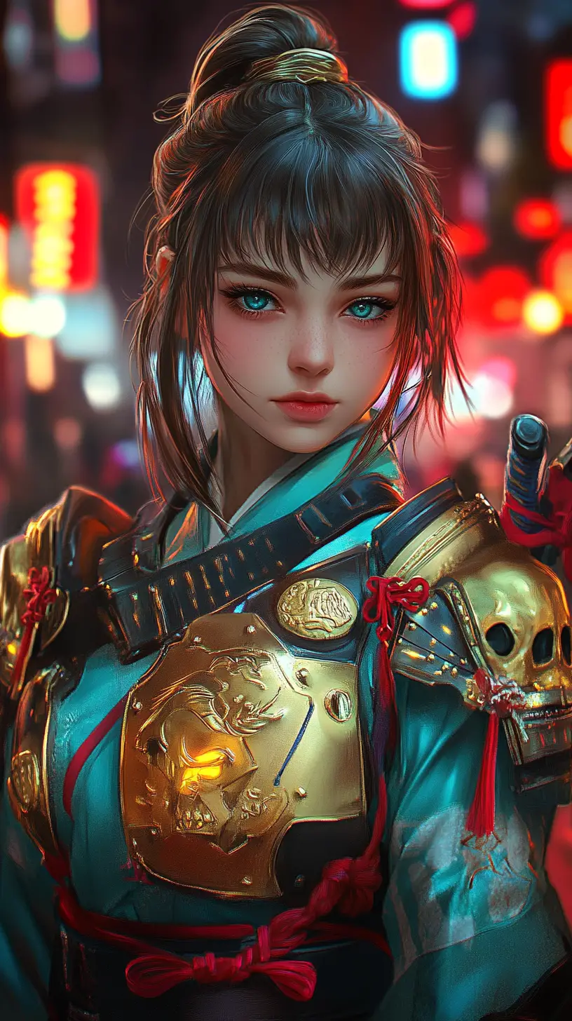 Fille samouraï d’anime en armure dorée dans une rue urbaine néon