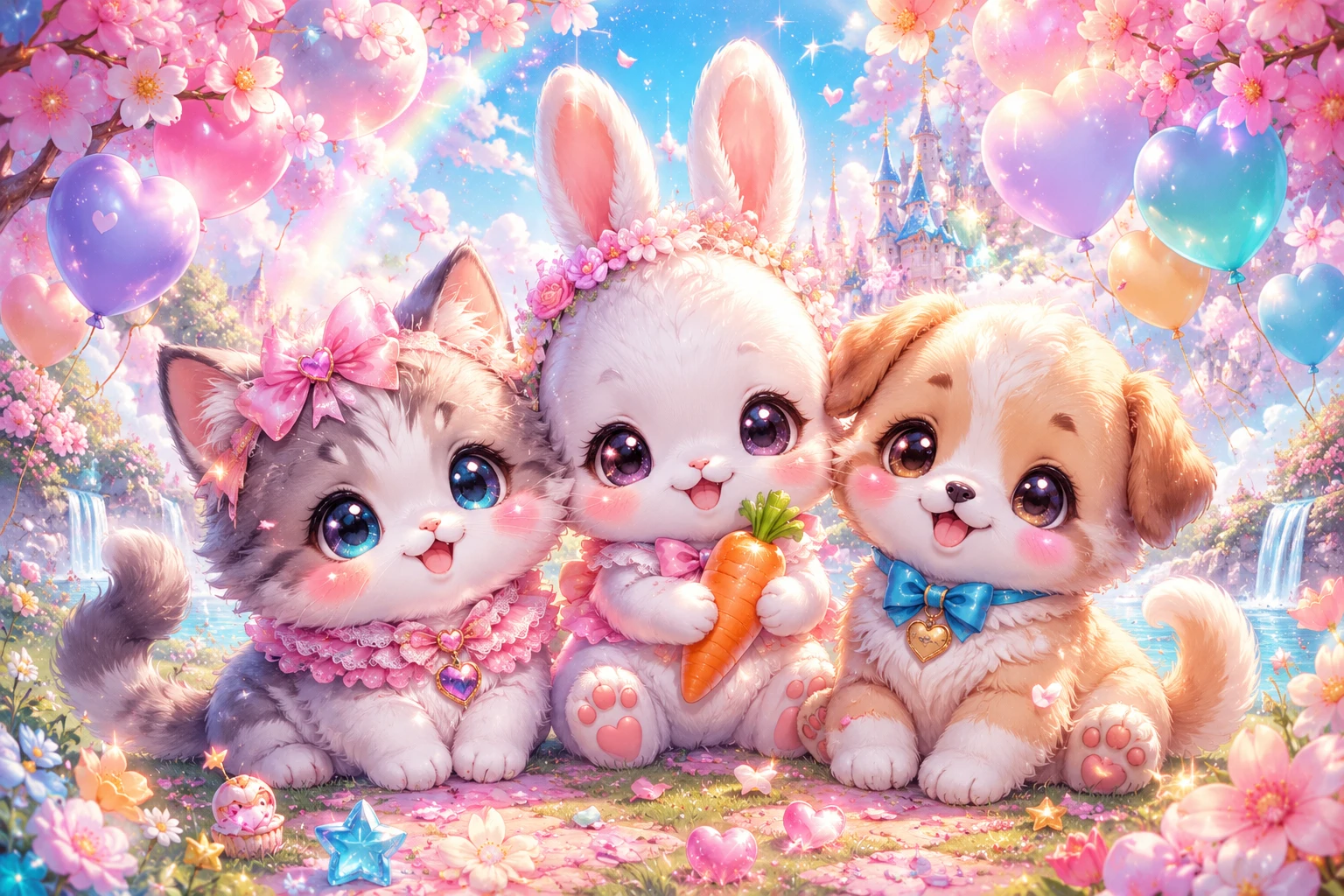 Gatinho, coelhinho e filhote chibi kawaii sob flores de cerejeira