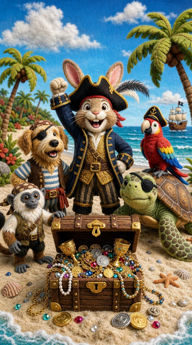 Piraten-Tiercrew feiert Schatz am tropischen Strand