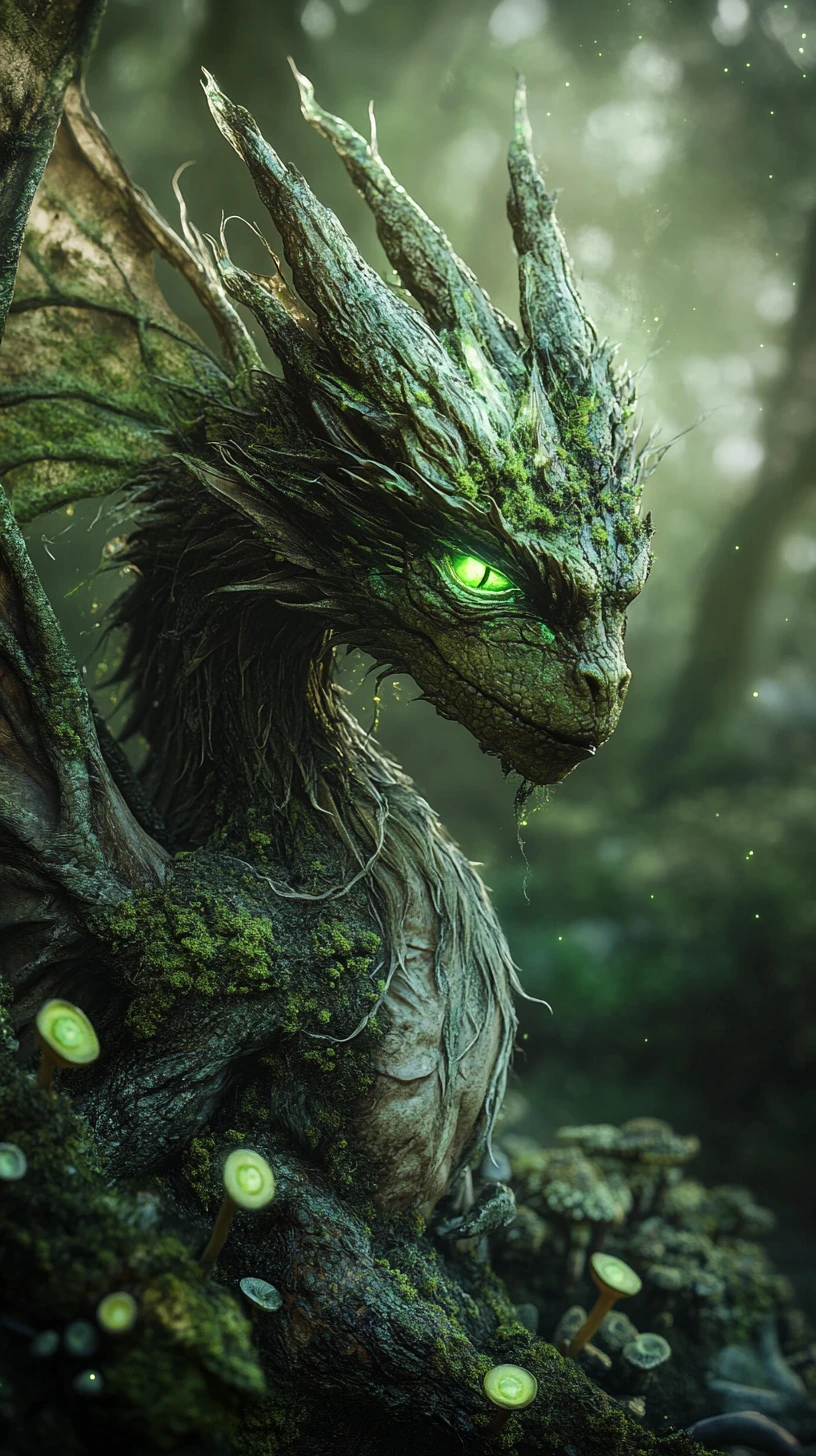 Drachenkrieger, der aus einem mystischen, verzauberten Wald hervortritt