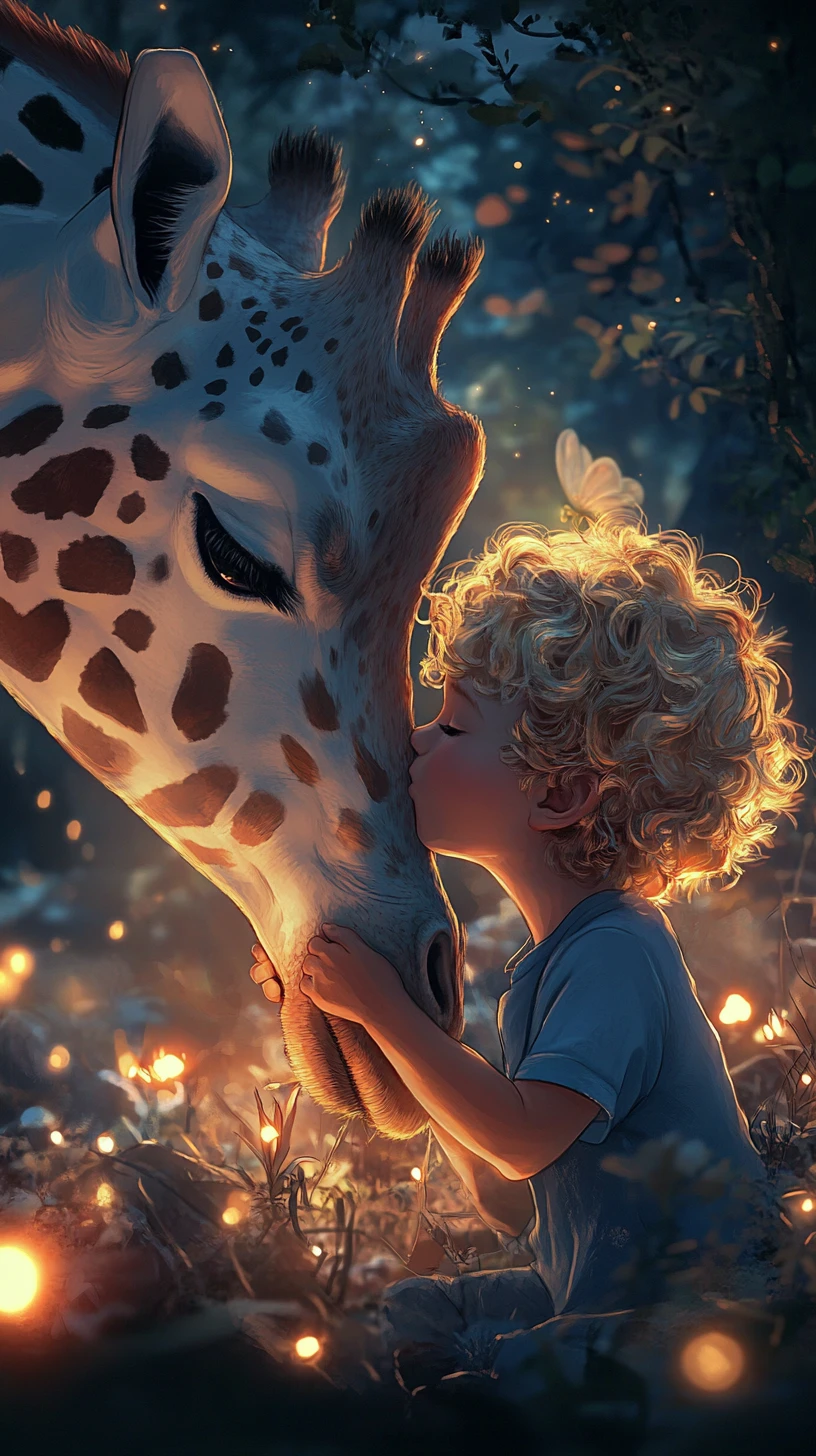 Menino descansando encostado em uma girafa na floresta fantástica luminosa