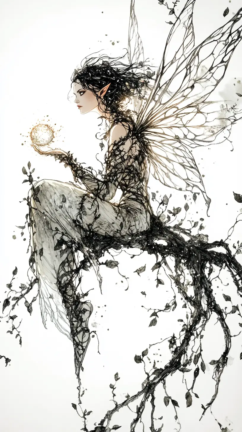 Fierce fairy guarding a glowing orb on a thorny branch
