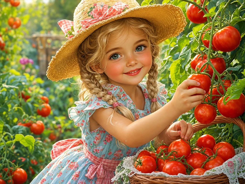 Dolce ragazza bionda che raccoglie pomodori in un'illustrazione in primo piano