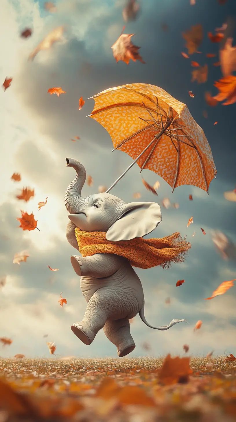 Kleiner Elefant fliegt im Wind mit einem umgestülpten Regenschirm