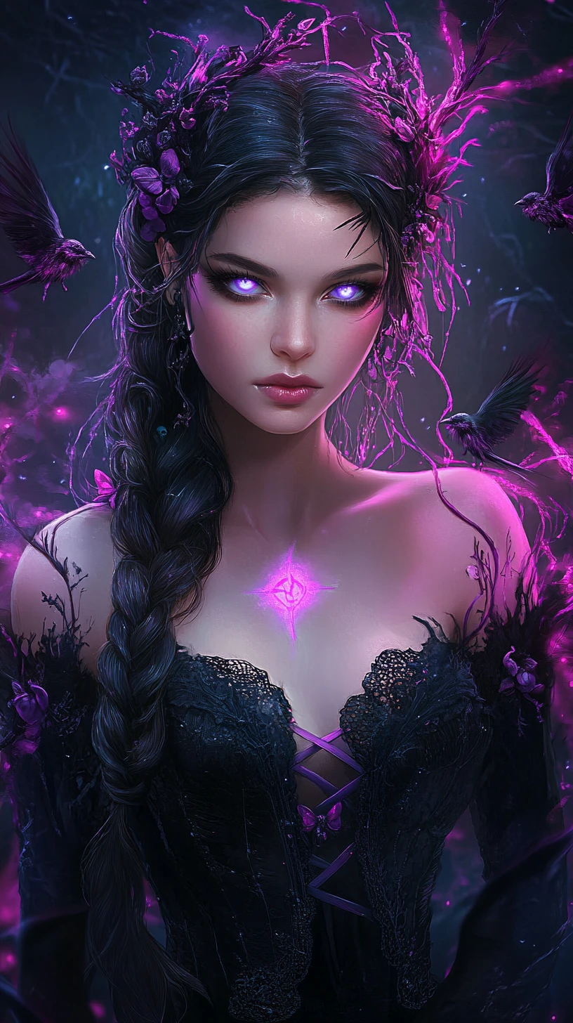 Gothic fantasy sorceress with glowing violet magic energy