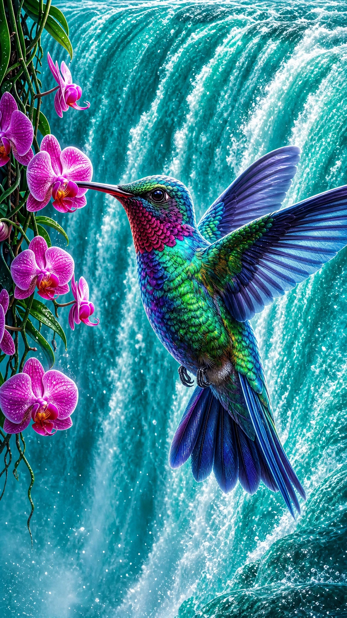 Beija-flor vibrante diante de orquídeas e cachoeira turquesa