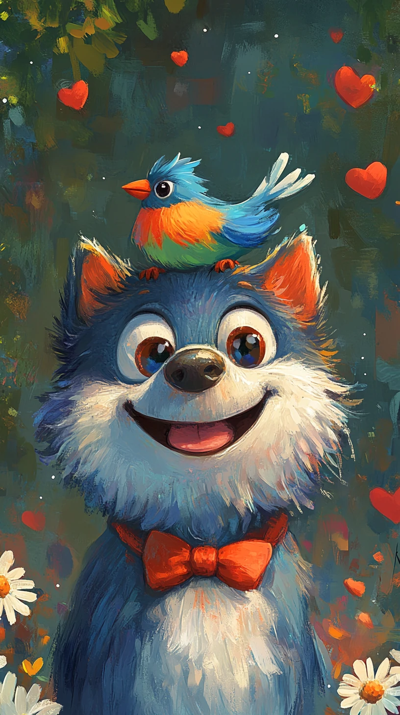 Cachorro Cartoonsorridente com Pássaro Colorido e Corações