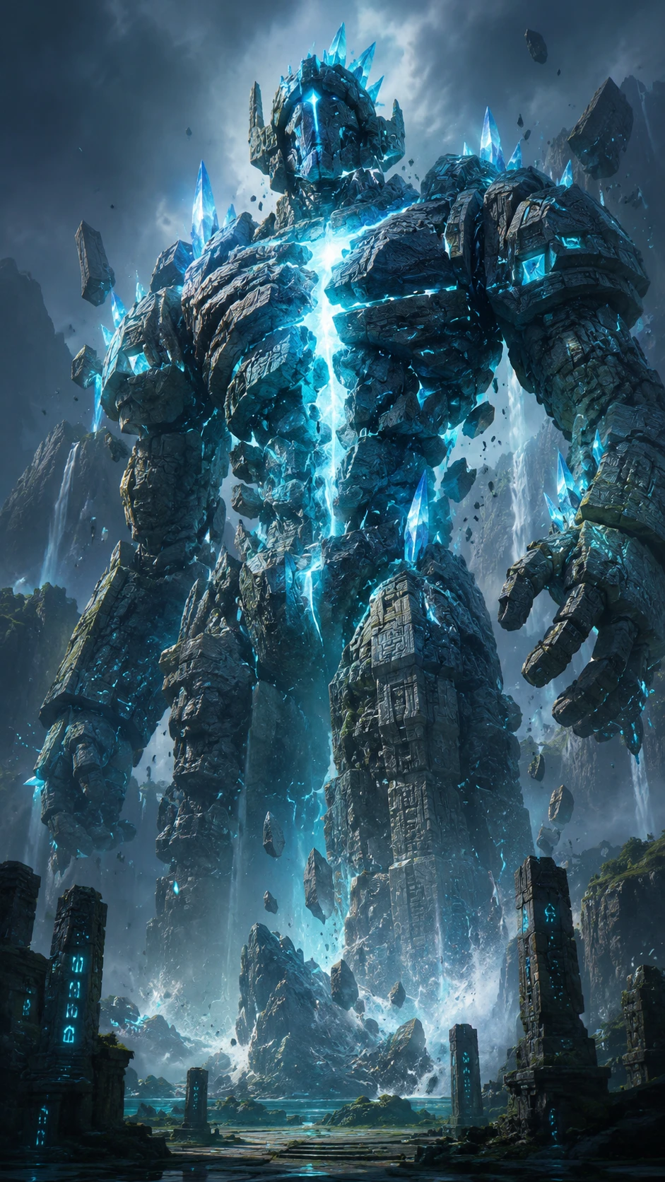 Golem de pedra colossal com veias de cristal brilhantes despertando