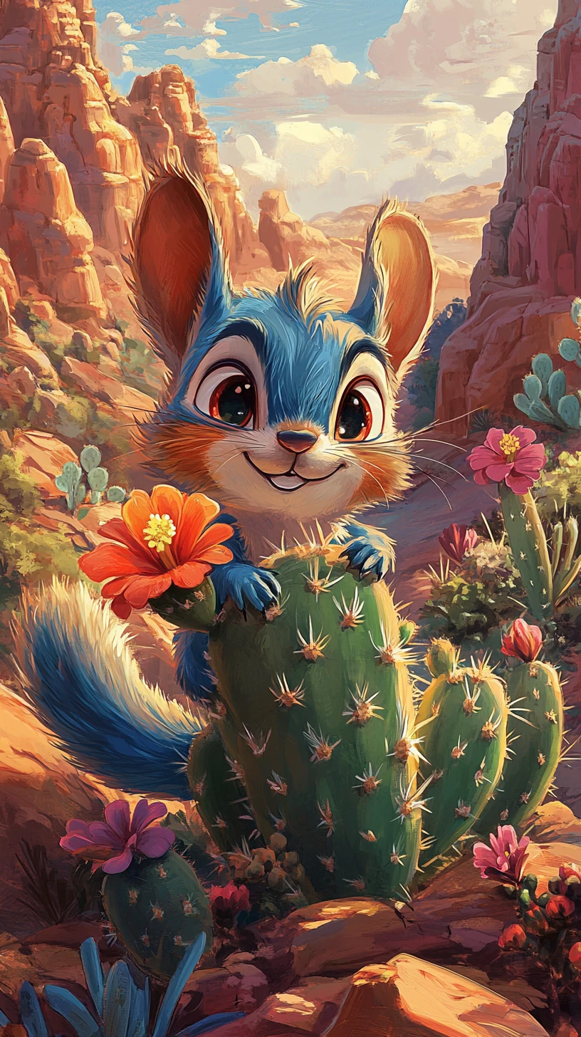 Tamia bleu cartoon serrant un cactus dans un désert coloré