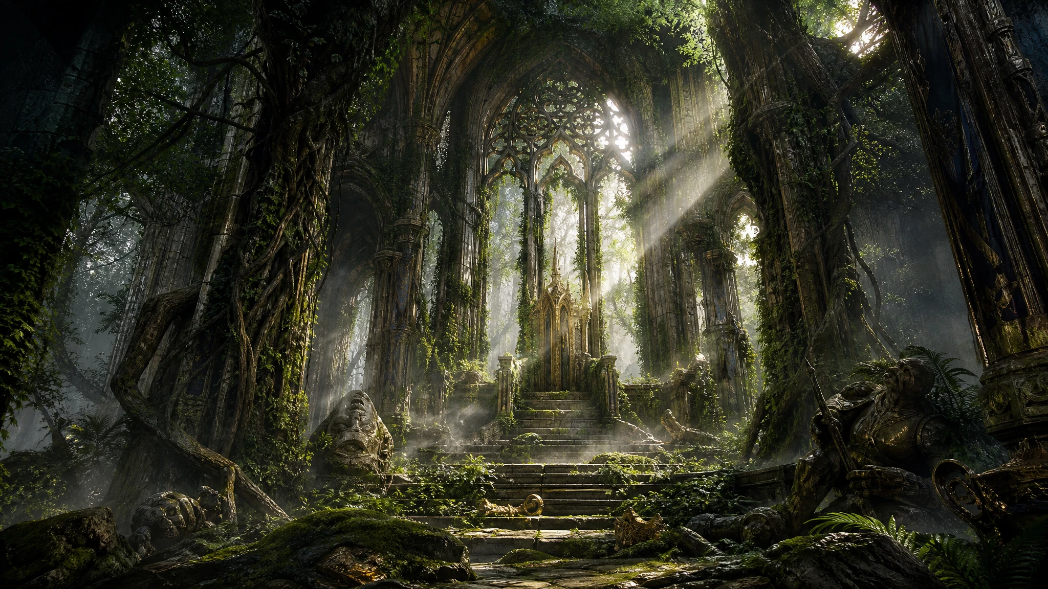 Sala do trono imperial tomada pela vegetação, banhada por luz solar suave