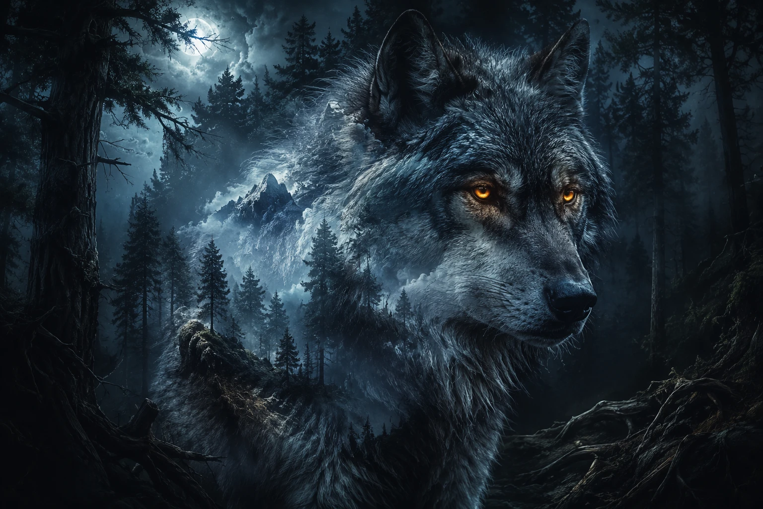 Lobo fantástico de olhos brilhantes em close em floresta enevoada