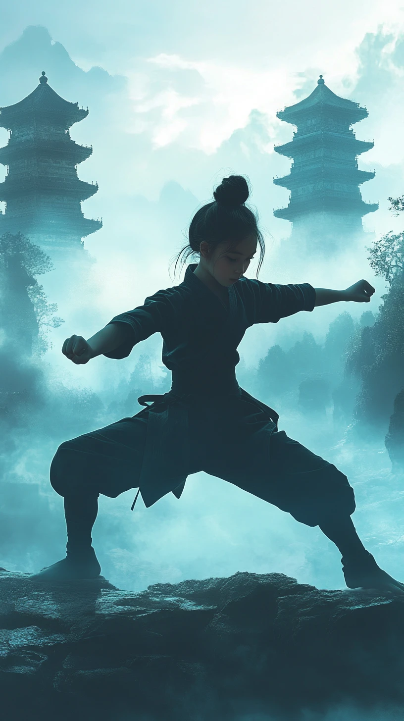 薄霧山間寺廟前的武術少女剪影