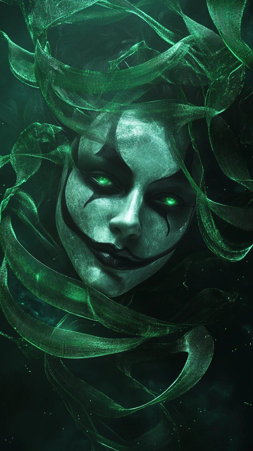 Retrato de Arlequim Envolto em Fitas de Energia Verde Brilhante
