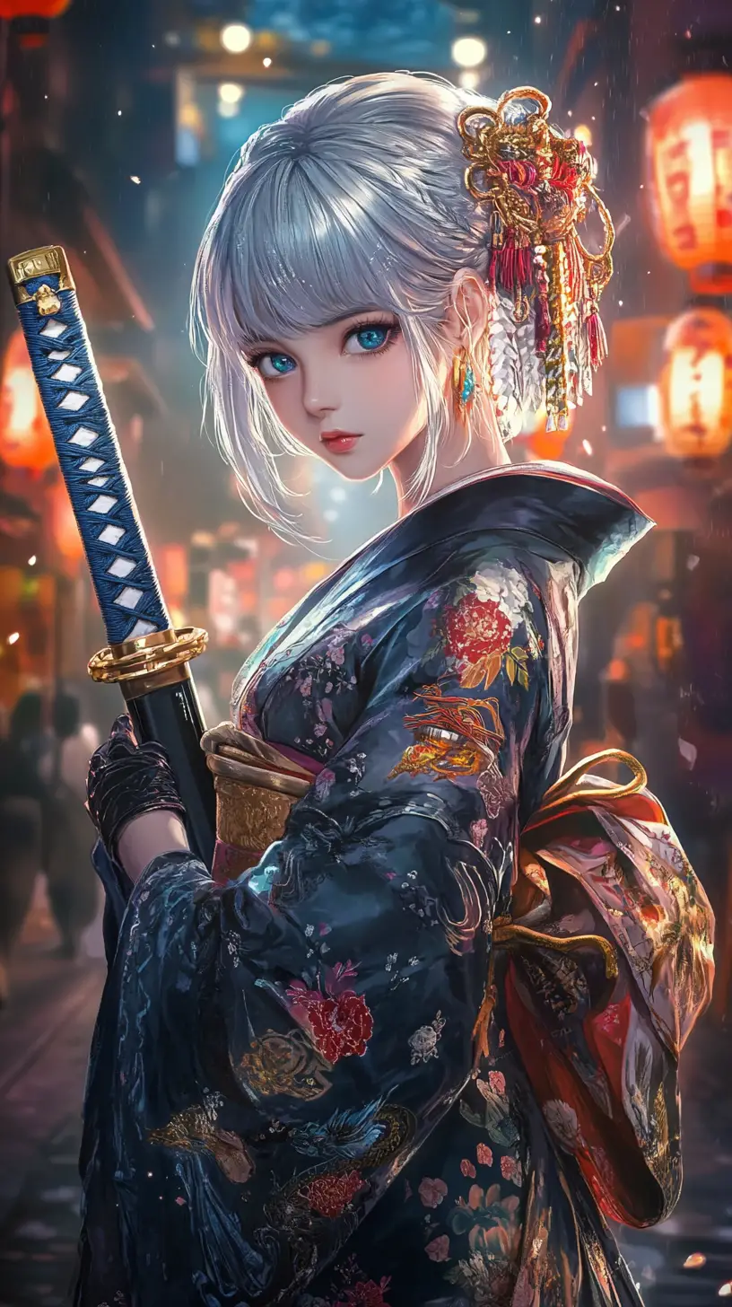 Épéiste d’anime en kimono dragon dans une rue éclairée au néon