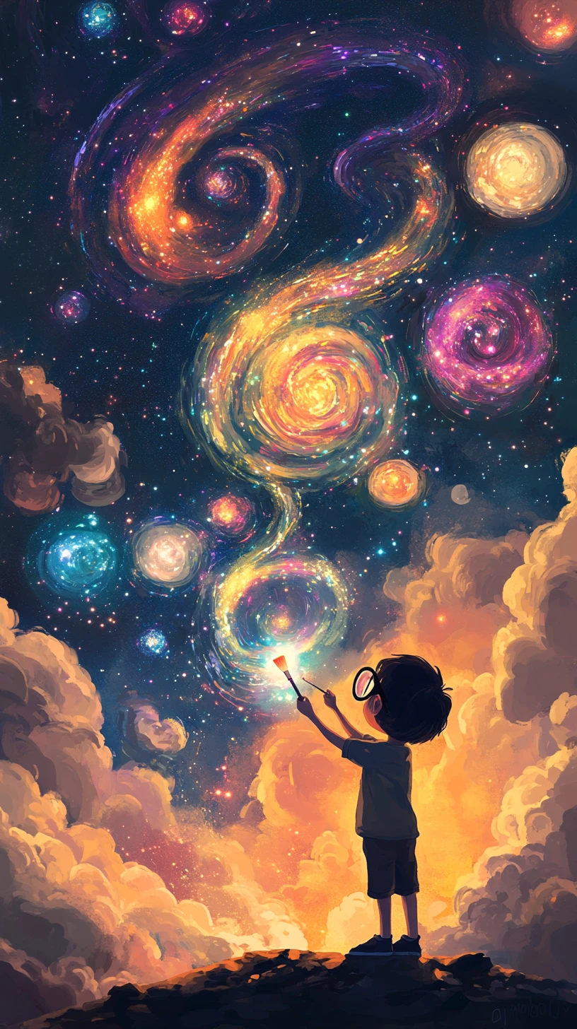 魔法の筆で輝く銀河の空を描く子ども
