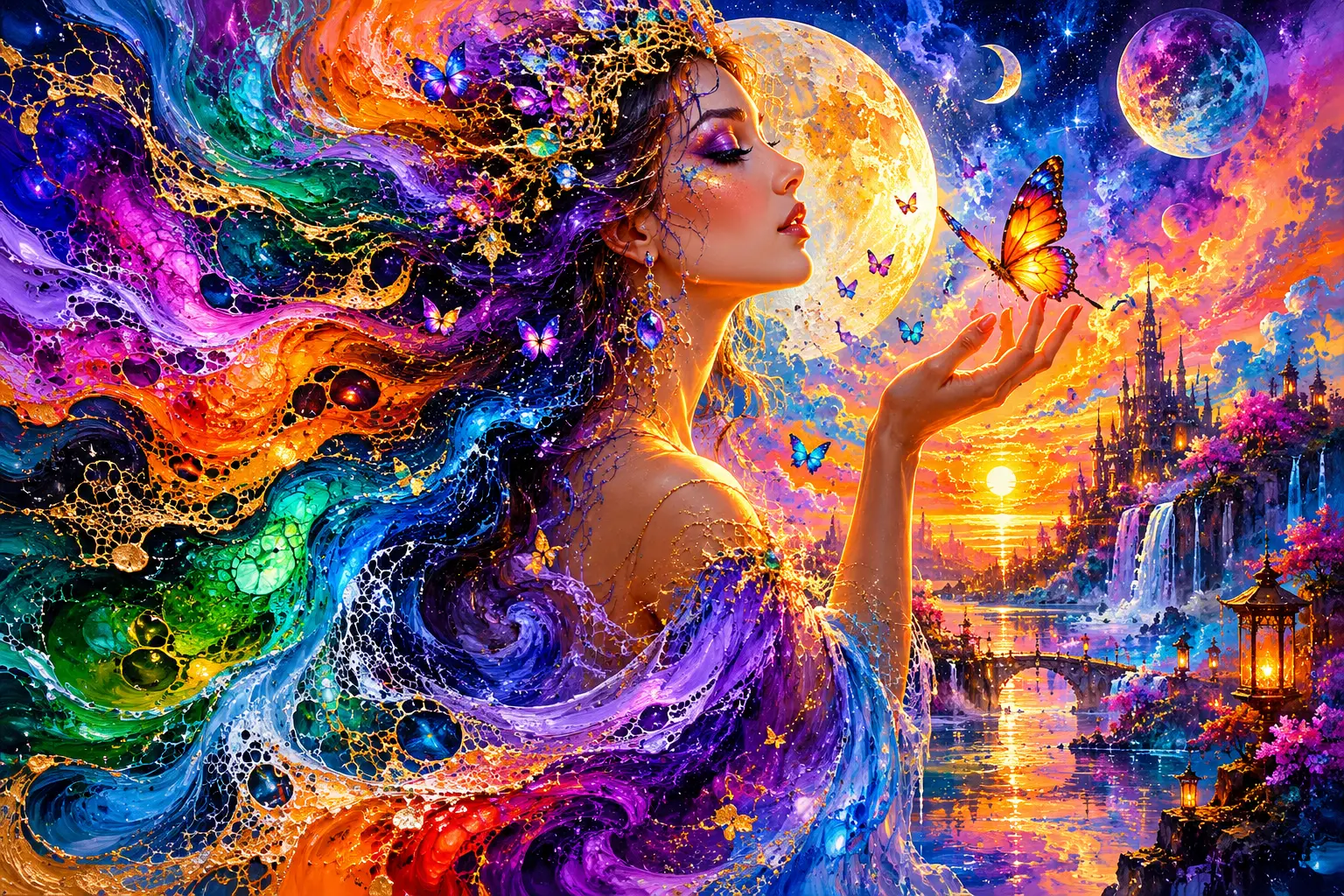 Vibrant acrylic fluid painting with swirling colorful cells