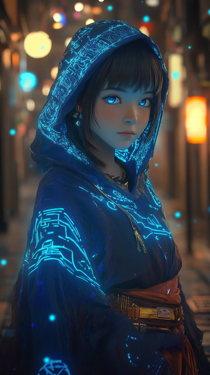 Ragazza anime contemplativa in un vicolo cyberpunk illuminato