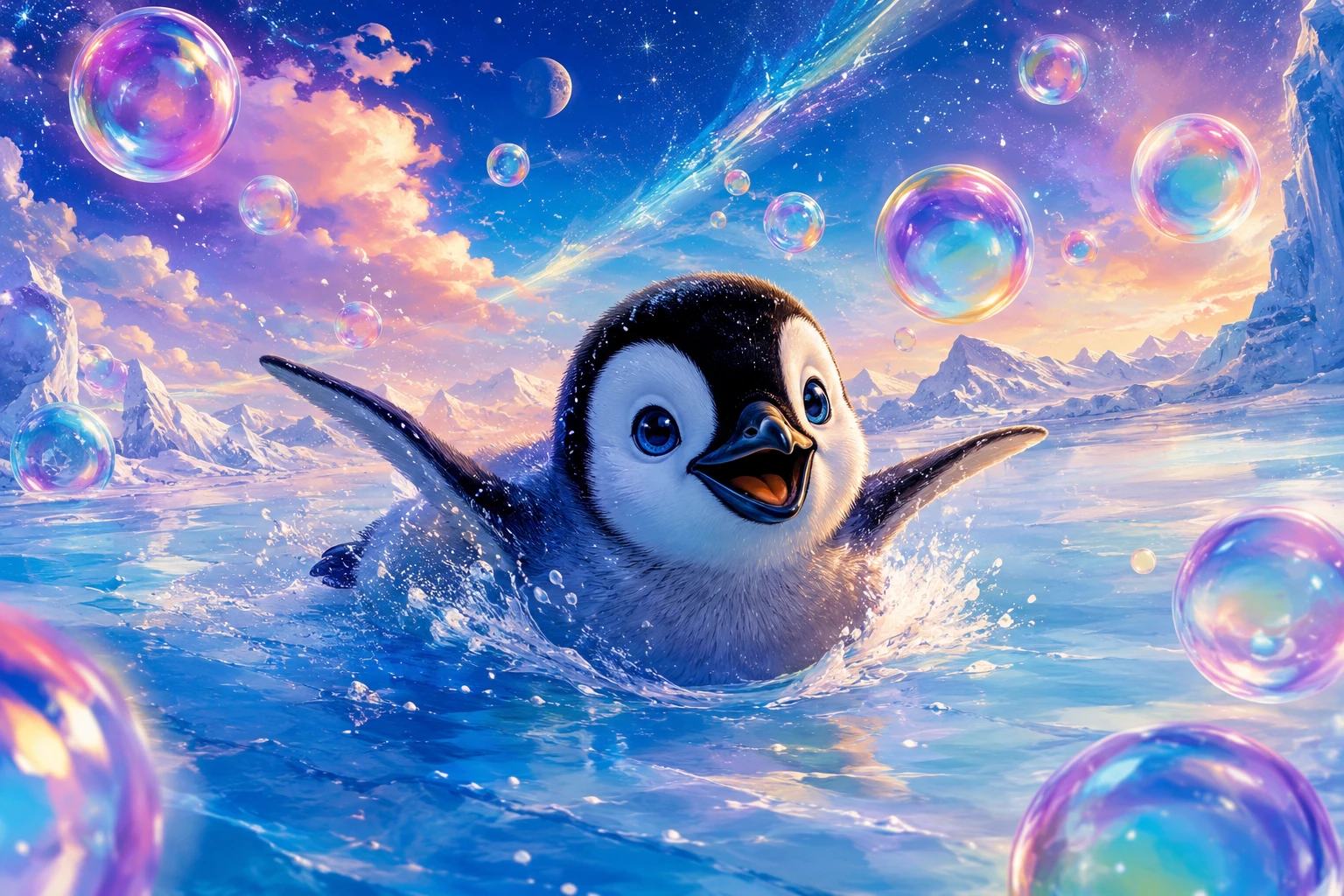 Pulcino di pinguino che scivola sul ghiaccio in una scena antartica surreale