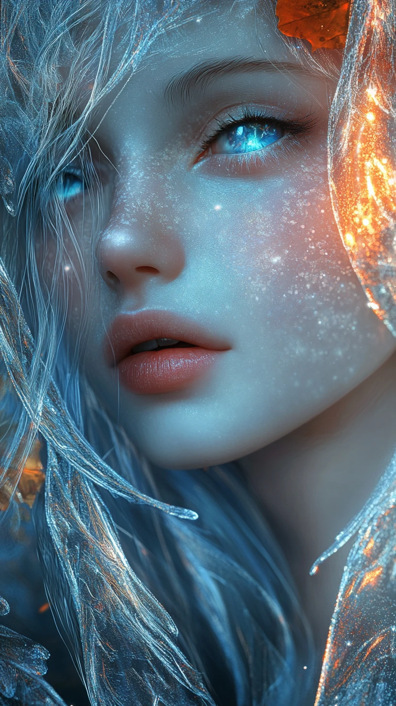 Femme fée éthérée aux yeux bleus en portrait au contraste lumineux