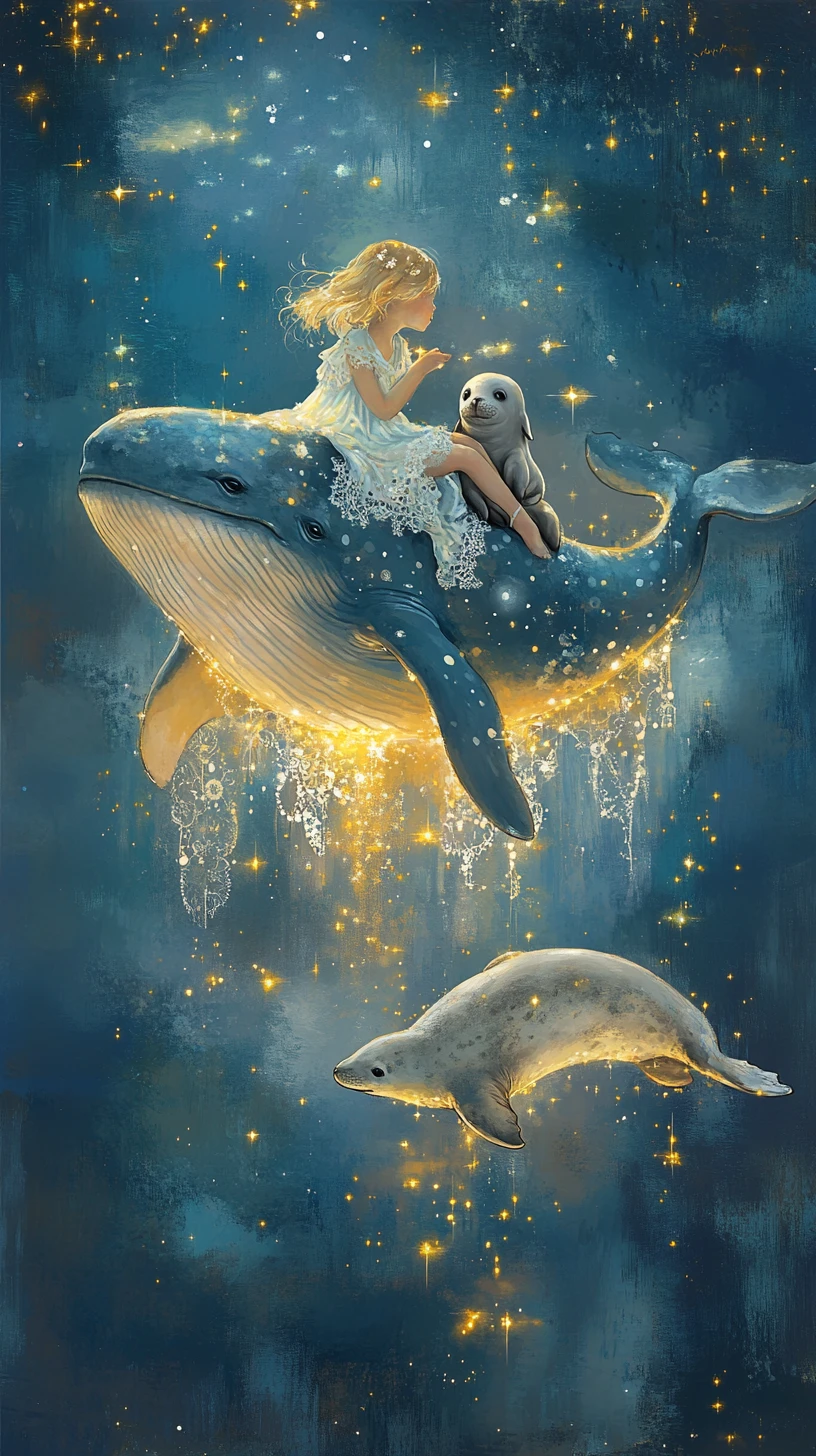Criança descansando sobre uma baleia celestial com filhote de foca