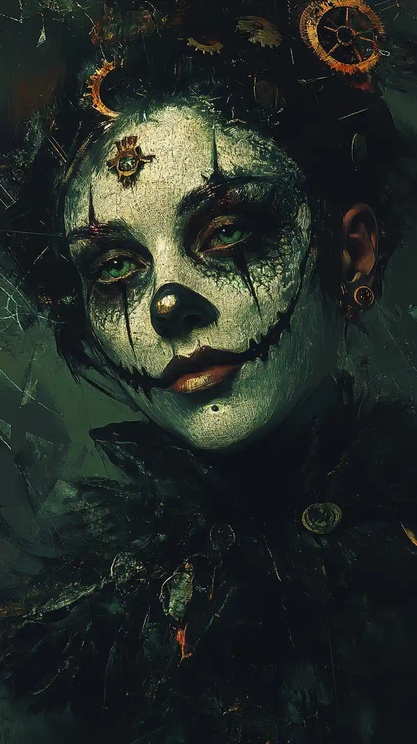 Portrait d’Arlequin avec Rouages Mécaniques et Fragments de Temps Brisés