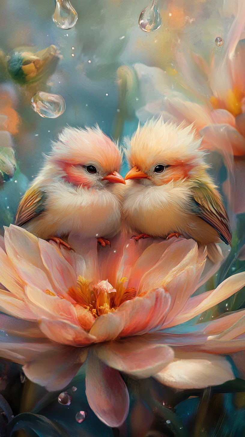 Dos pajaritos esponjosos acurrucados dentro de una flor colorida