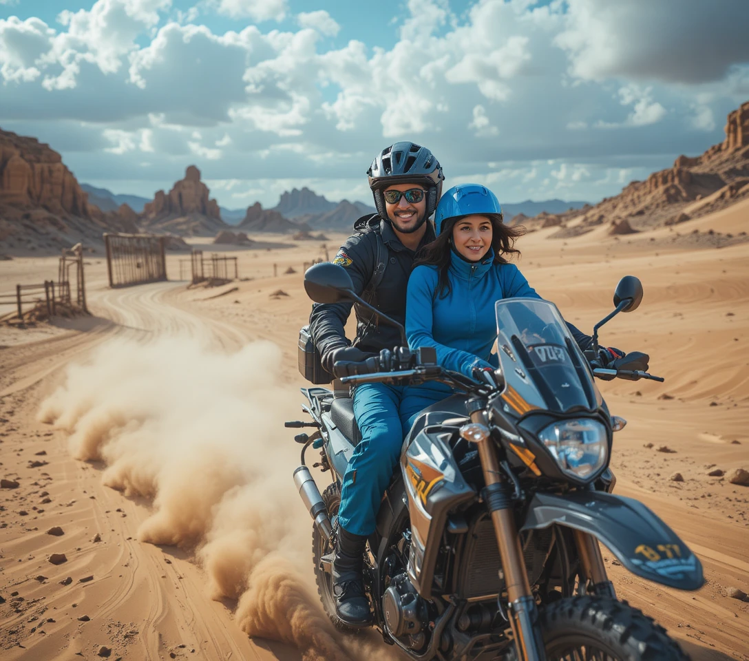 情侶駕駛全地形車穿越廣闊沙漠景觀
