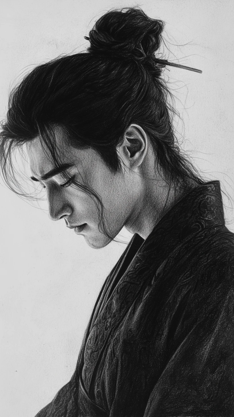 Retrato en carbón de hombre asiático contemplativo con atuendo tradicional
