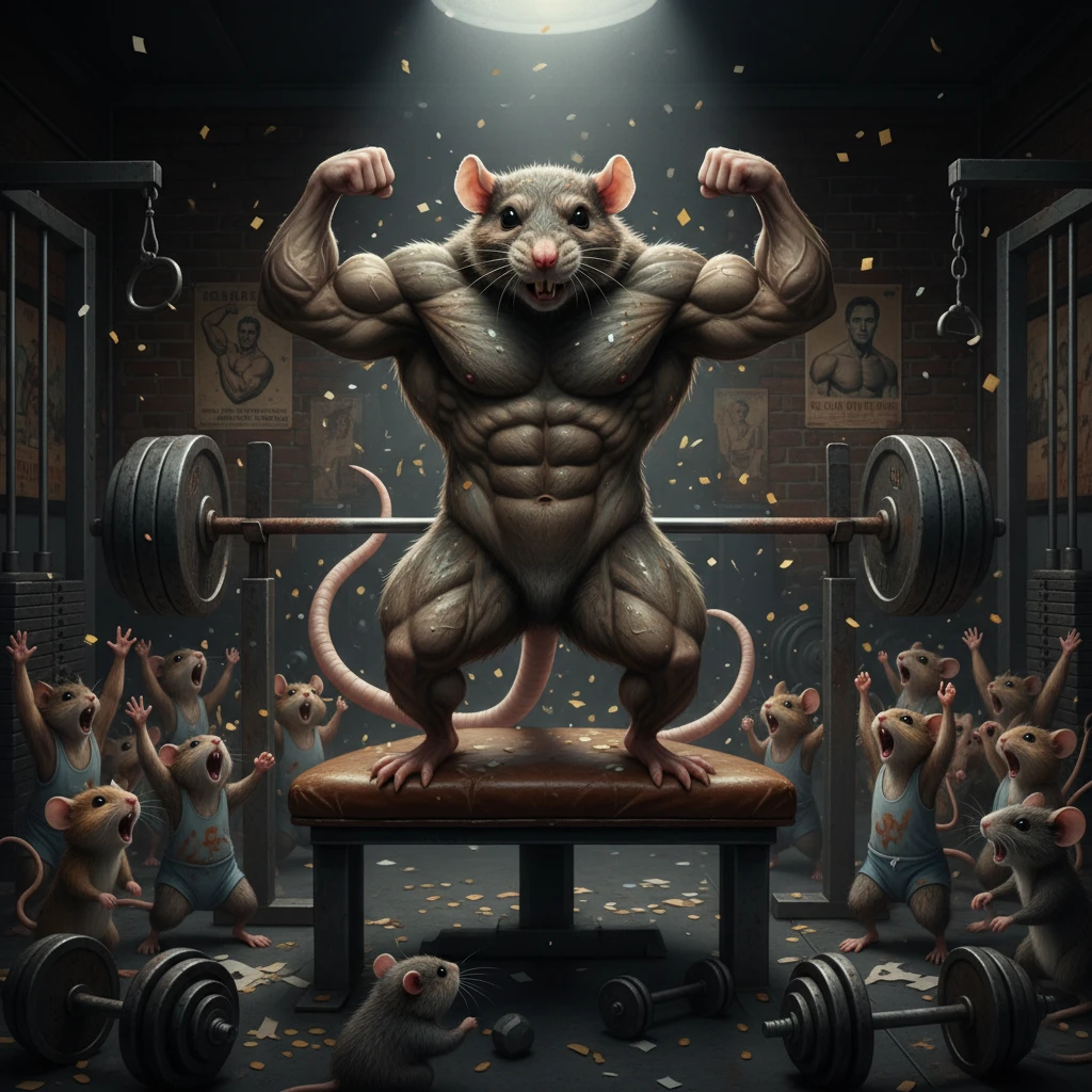Rat musclé posant sur un banc de musculation dans une salle de sport sombre