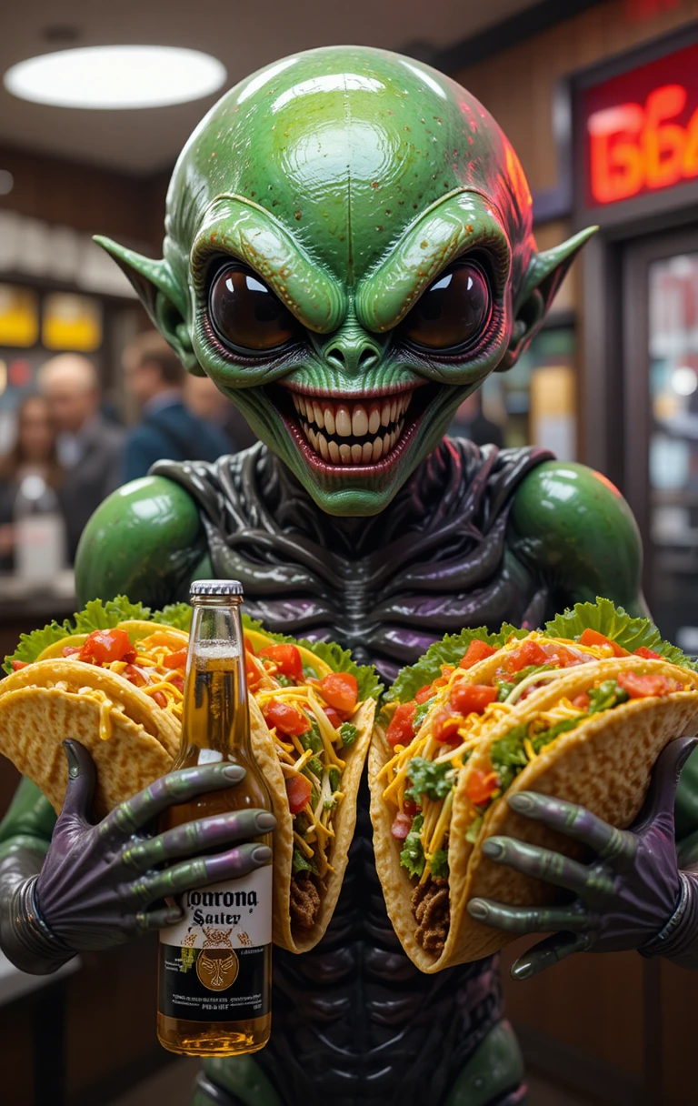 Alien assustador segurando tacos em um restaurante de fast food
