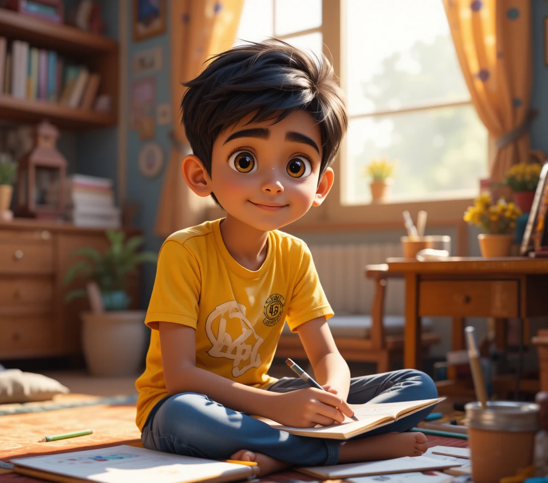 Menino indiano desenhando em um quarto colorido com luz do sol