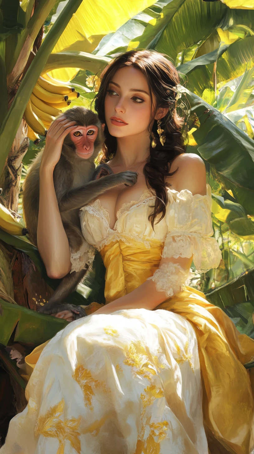 Donna elegante con scimmia in un banano illuminato dal sole