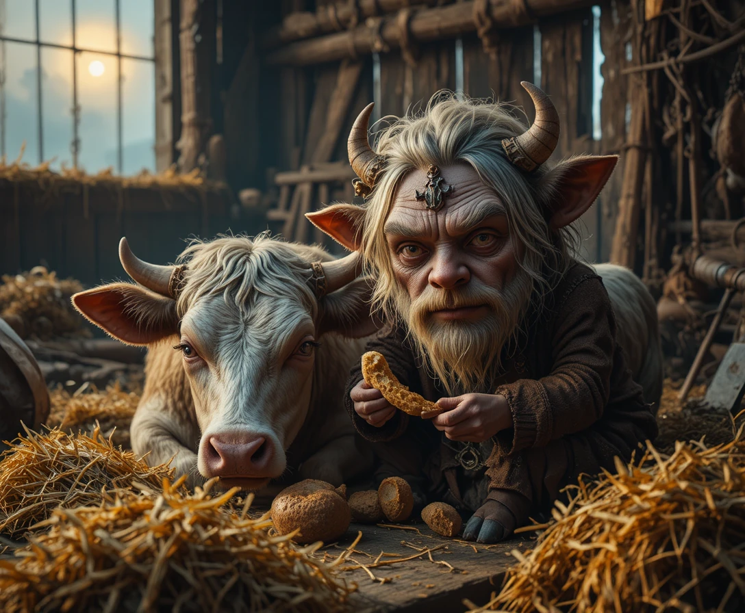 Espírito goblin surreal em um celeiro ao luar com vaca